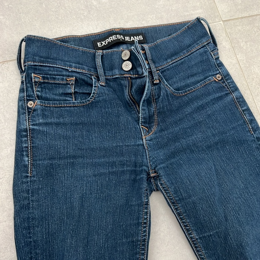 EXPRESS JEANS WOMEN SIZE 00 CROPPED DARK BLUE SKINNY LEGGING THICK WAISTBAND Y2K